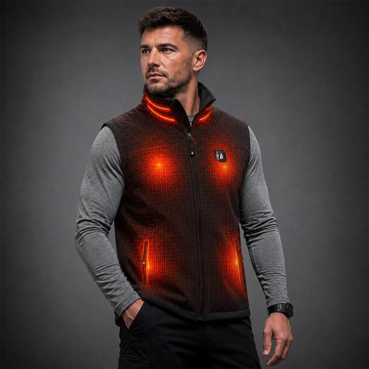 Man wearing an ActionHeat Pro Series+ heated vest with the six heating zones glowing