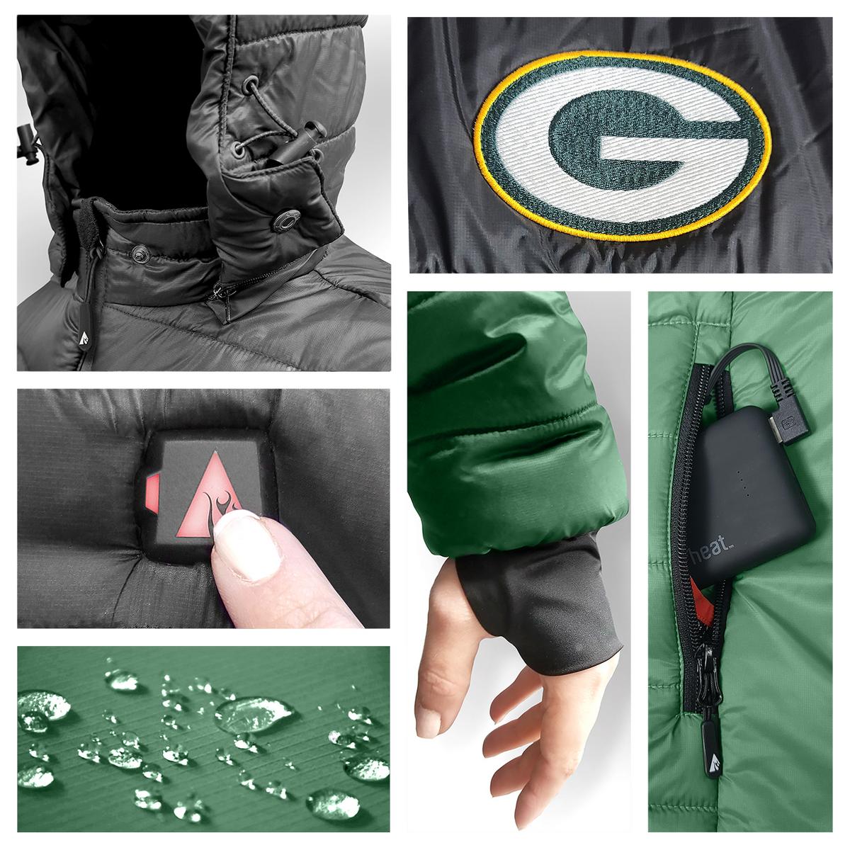 ActionHeat Green Bay Packers 5V Women's Colorblock Puffer Battery Heated Jacket - Battery