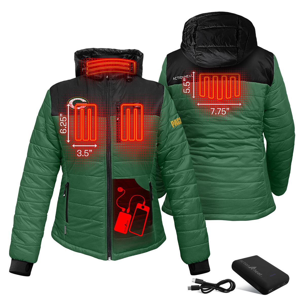 ActionHeat Green Bay Packers 5V Women's Colorblock Puffer Battery Heated Jacket - Back