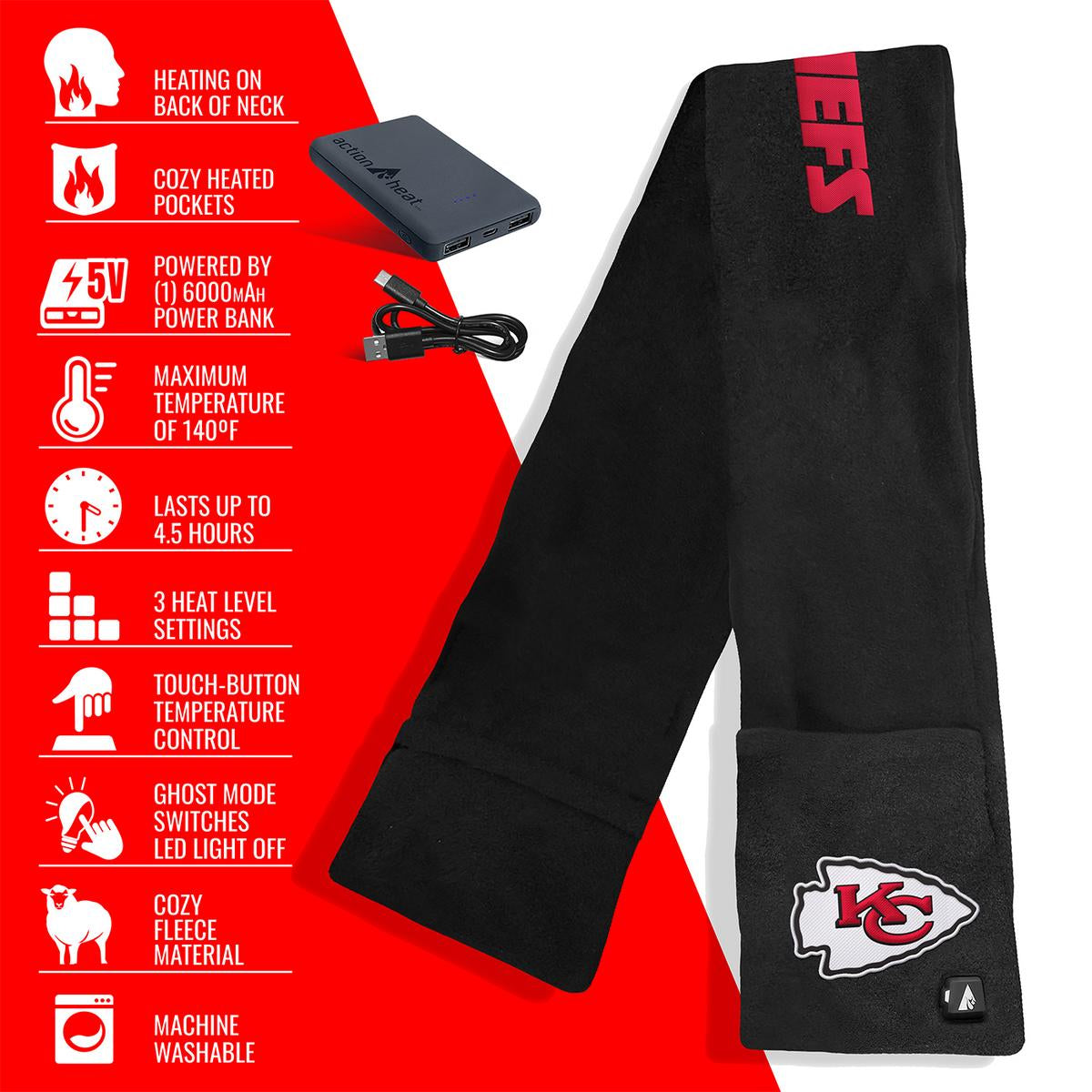 ActionHeat Kansas City Chiefs 5V Battery Heated Scarf - Full Set