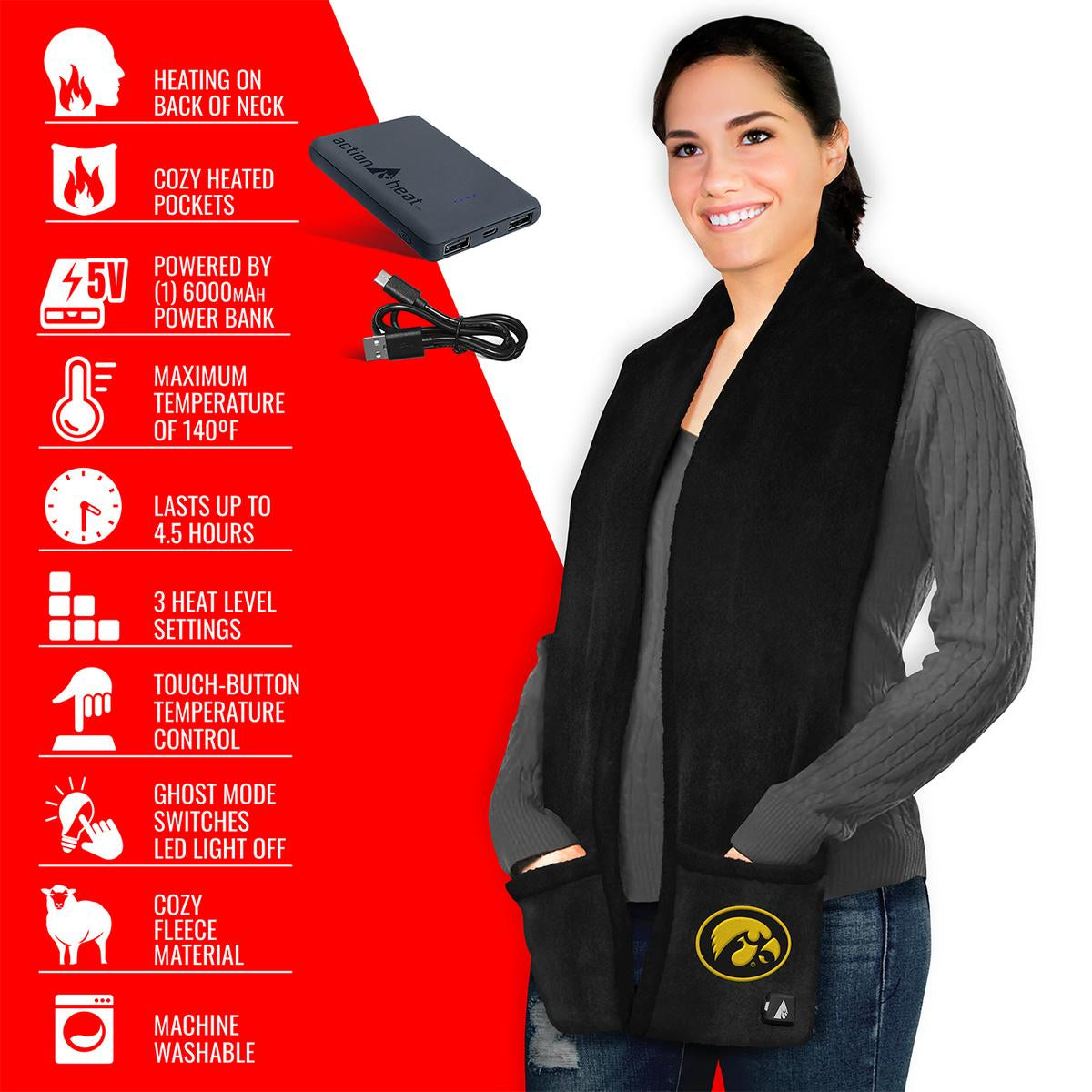 ActionHeat Iowa Hawkeyes 5V Battery Heated Scarf - Full Set