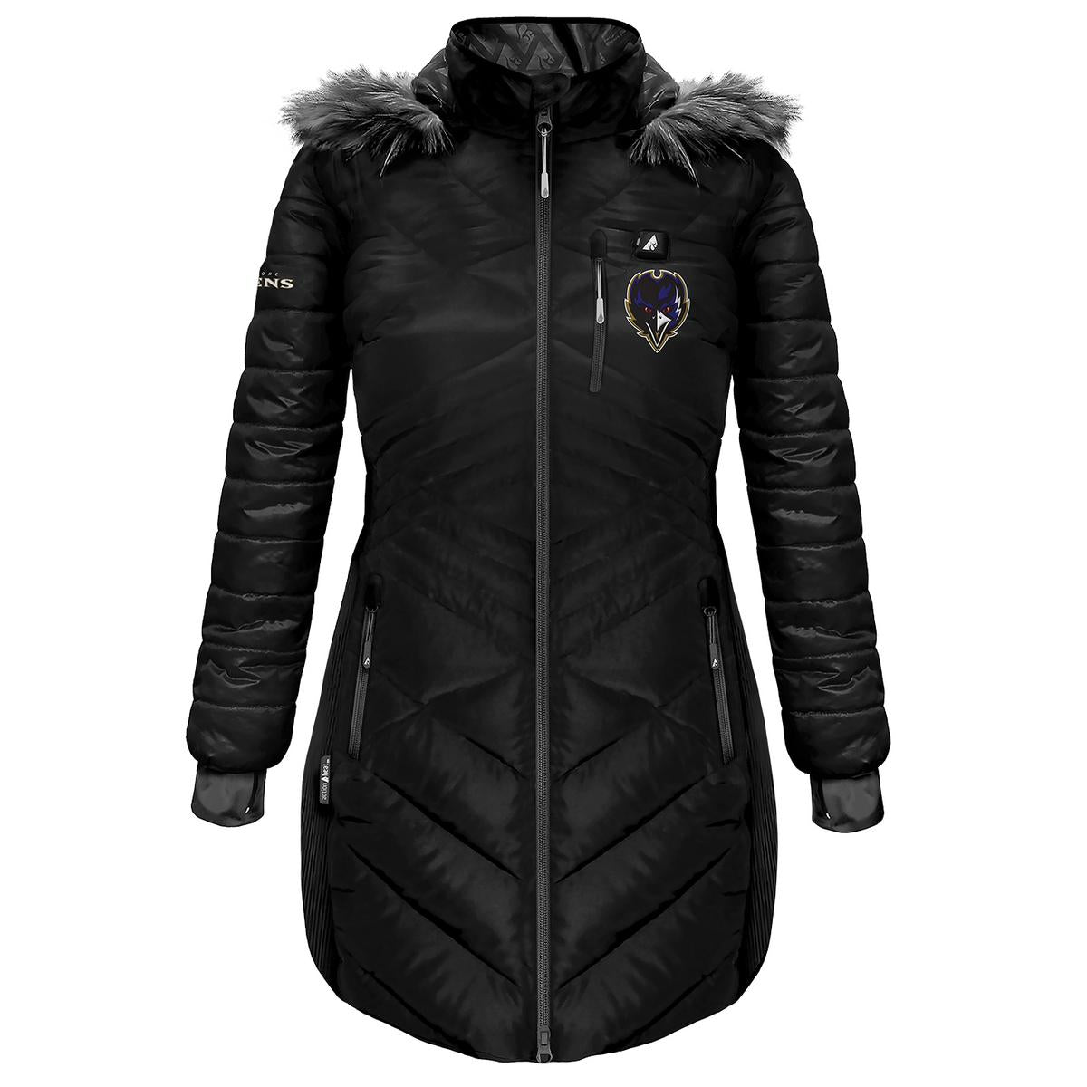 ActionHeat Baltimore Ravens 5V Women's Long Puffer Battery Heated Jacket - Heated