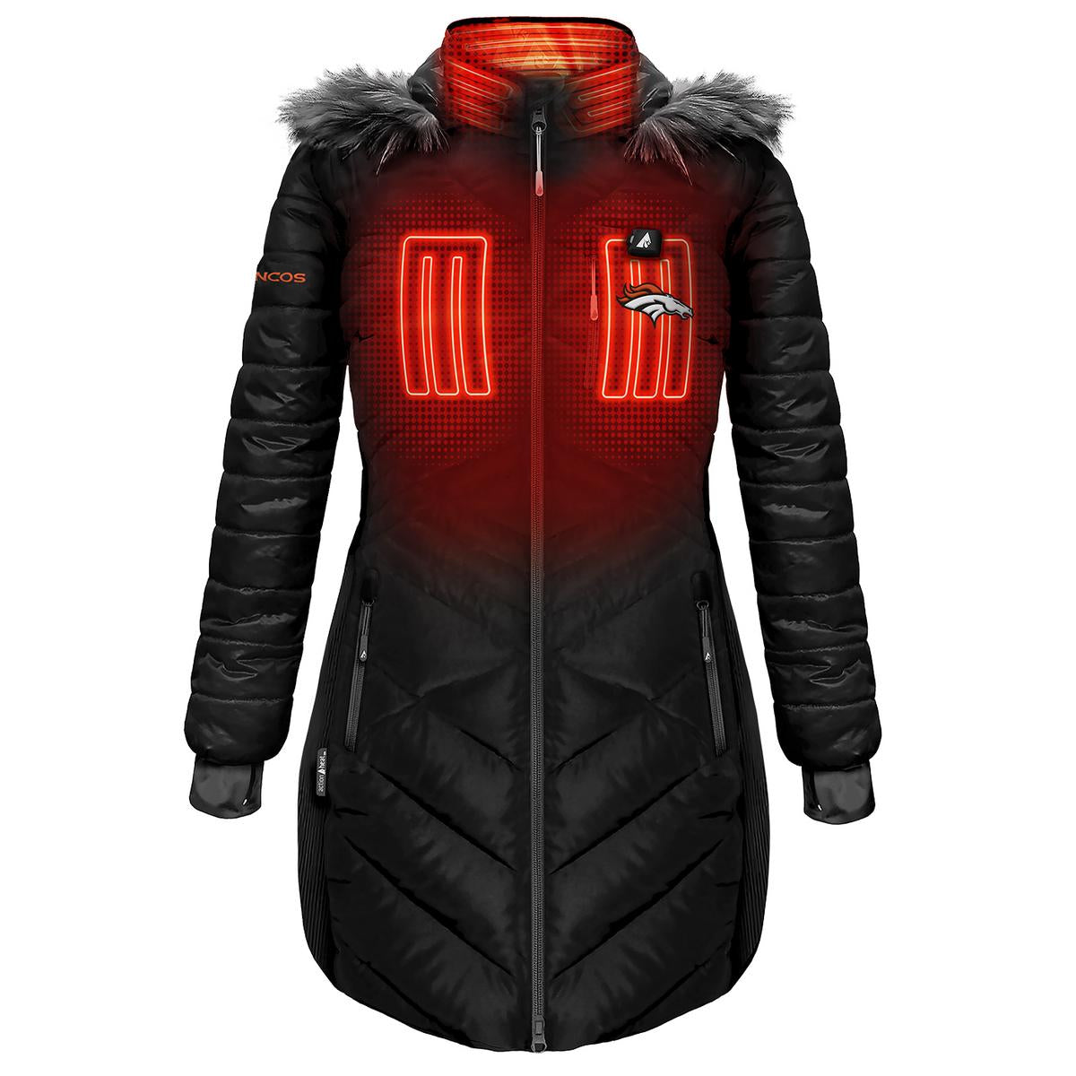 ActionHeat Denver Broncos 5V Women's Long Puffer Battery Heated Jacket - Front