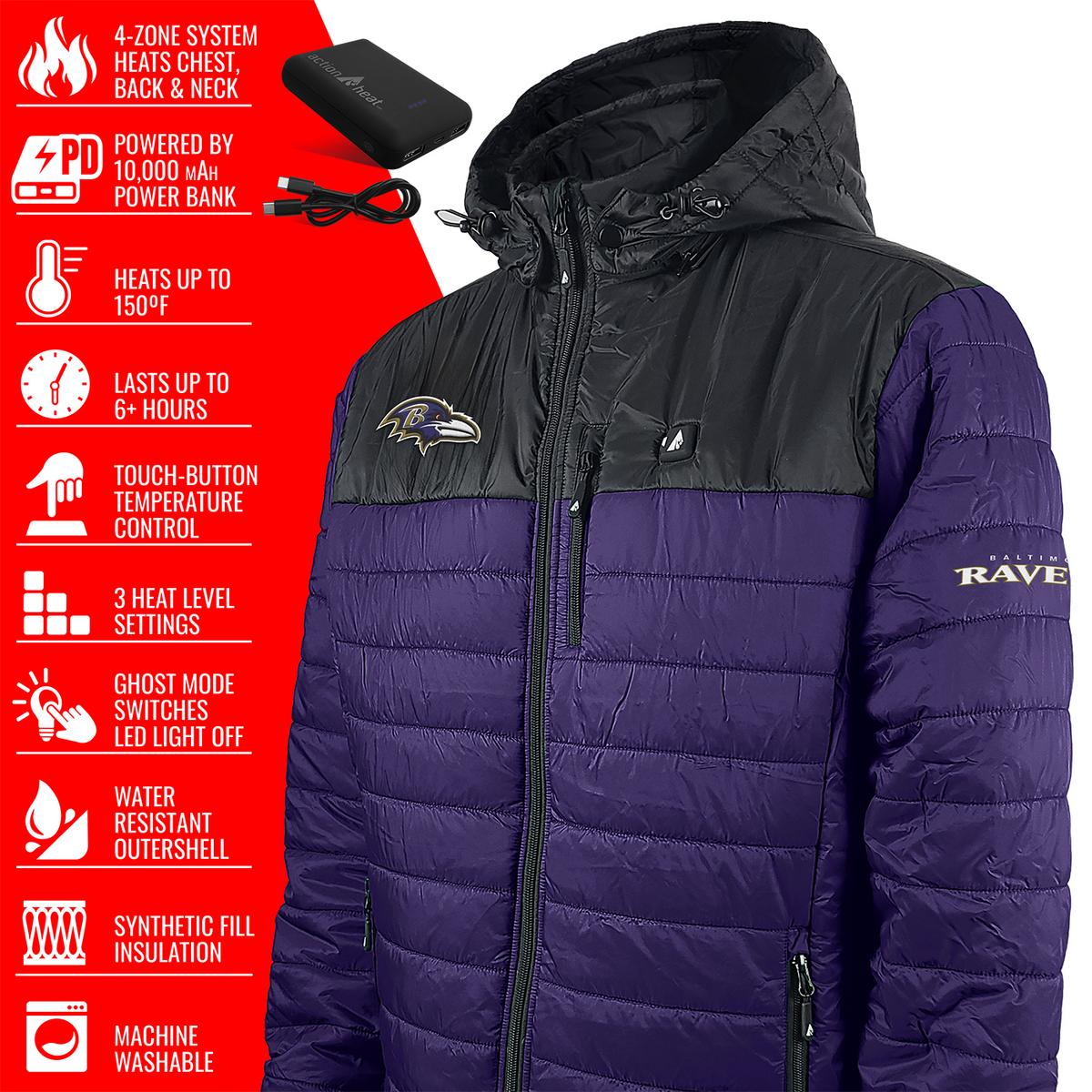 ActionHeat Baltimore Ravens 5V Men's Colorblock Puffer Battery Heated Jacket - Right