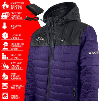 ActionHeat Baltimore Ravens 5V Men's Colorblock Puffer Battery Heated Jacket - Right