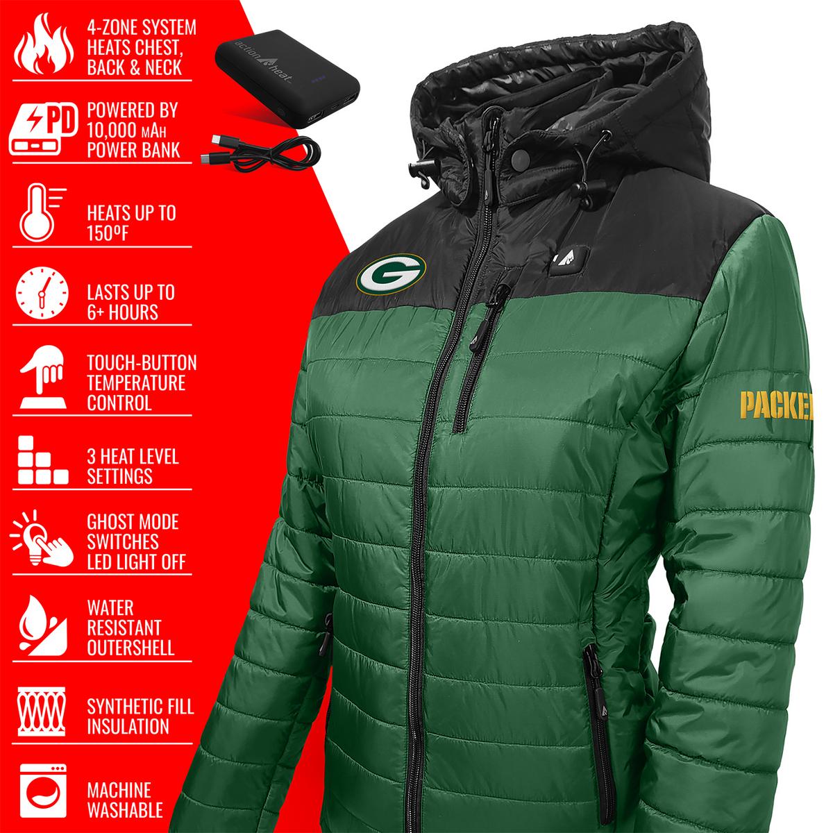 ActionHeat Green Bay Packers 5V Women's Colorblock Puffer Battery Heated Jacket - Full Set