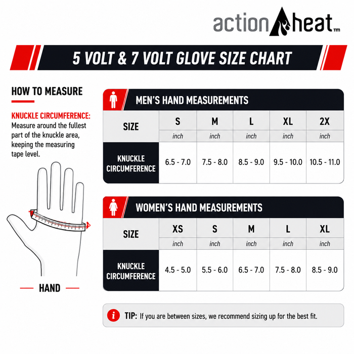 5V & 7V Heated Gloves size chart
