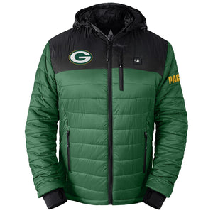 ActionHeat Green Bay Packers 5V Men's Colorblock Puffer Battery Heated Jacket - Heated
