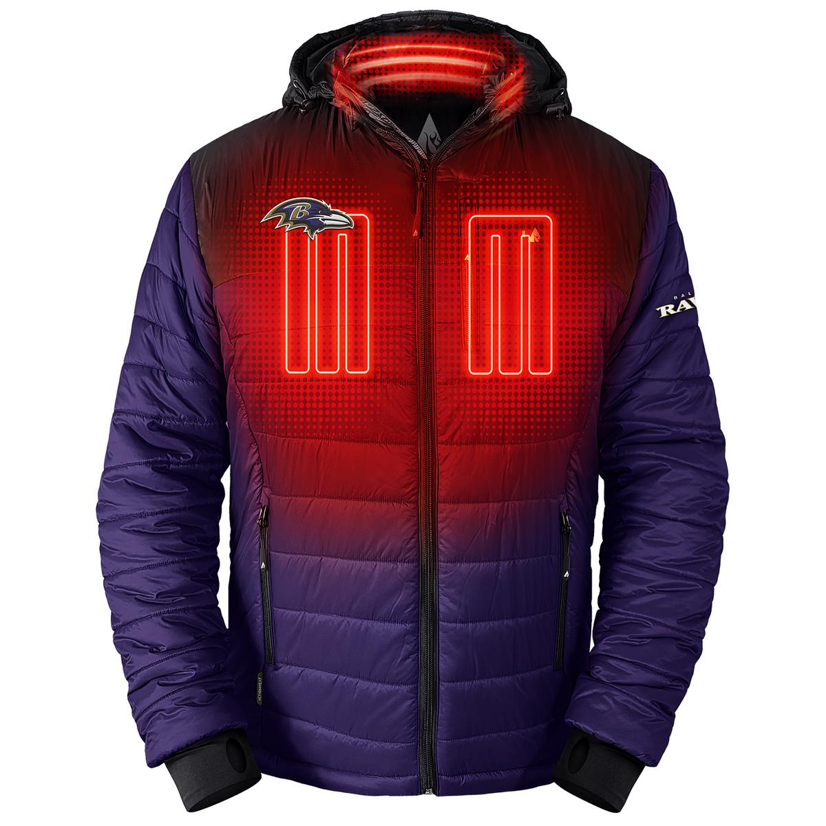 ActionHeat Baltimore Ravens 5V Men's Colorblock Puffer Battery Heated Jacket - Front