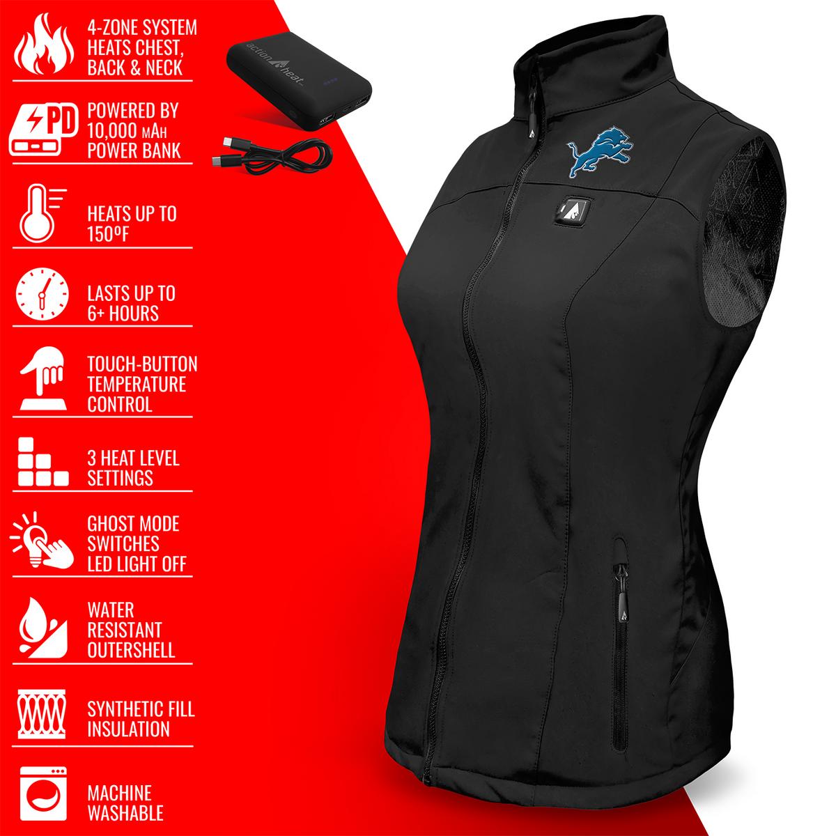 ActionHeat Detroit Lions 5V Women's Softshell Battery Heated Vest - Full Set