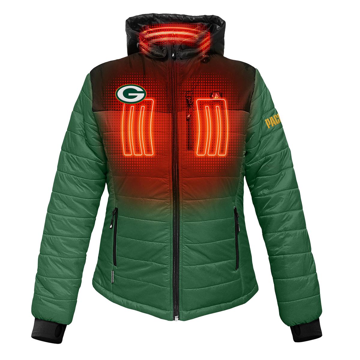 ActionHeat Green Bay Packers 5V Women's Colorblock Puffer Battery Heated Jacket - Front