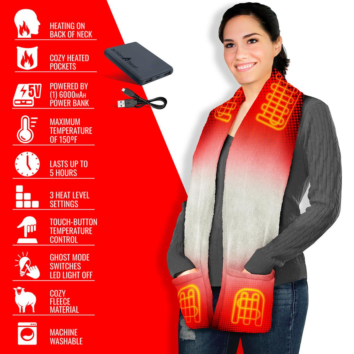 ActionHeat 5V Battery Heated Fleece Scarf with Pockets - Battery